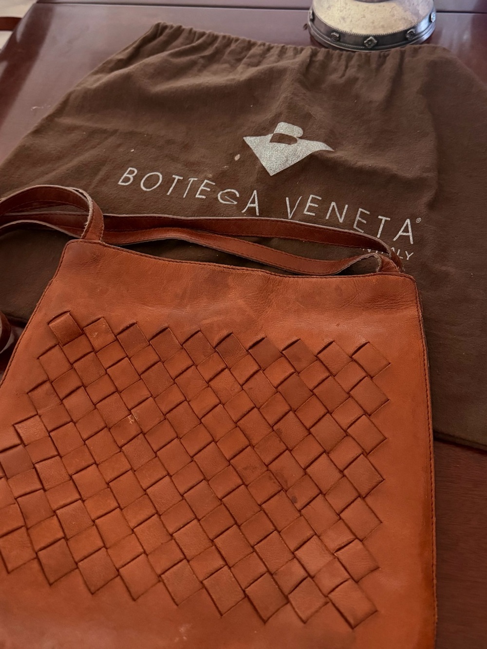 Bottega Veneta Woven Leather Crossbody — Cognac